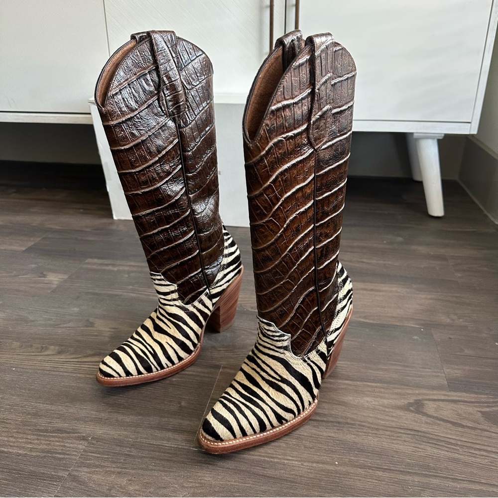 Brother Vellies Brown and Black Heeled Cowboy Boots with Zebra Print